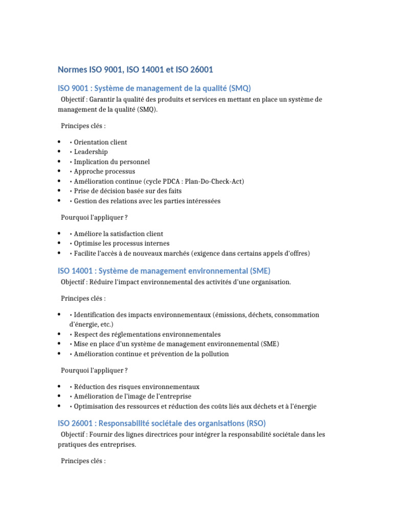 Normes ISO 9001, 14001 et 26001 expliquées | PDF