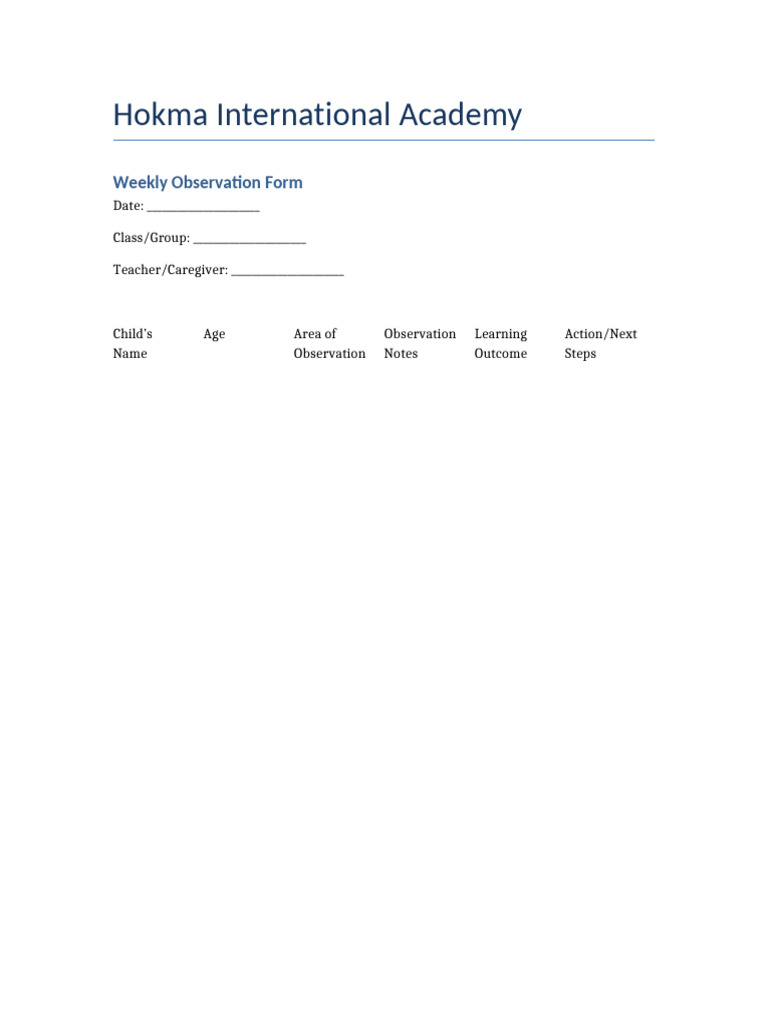 Weekly Observation Form Hokma | PDF
