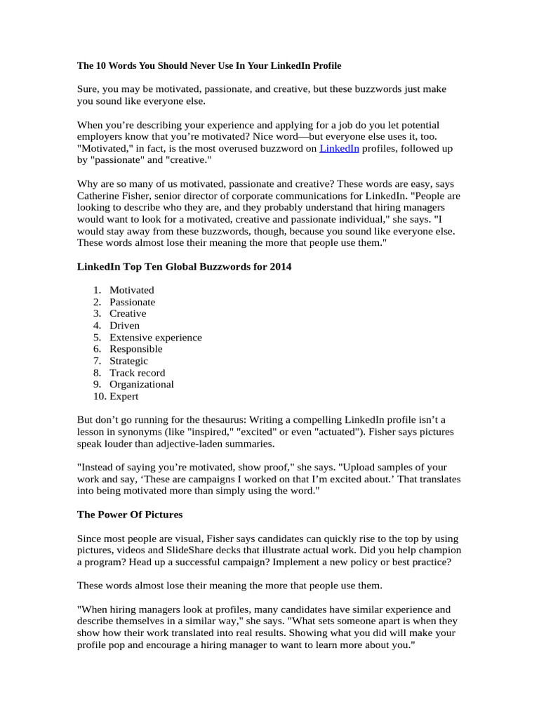 The 10 Words You Should Never Use in Your LinkedIn Profile | PDF ...