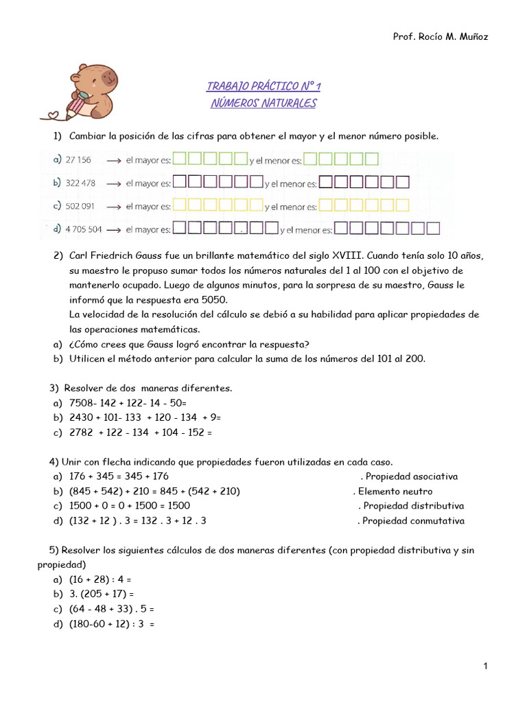 Ejercicios de Números Naturales y Propiedades Matemáticas | PDF ...
