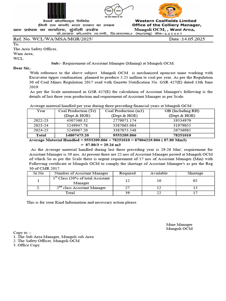 Assistant Manager Requirement at Mungoli OCM | PDF | Fuel Production ...