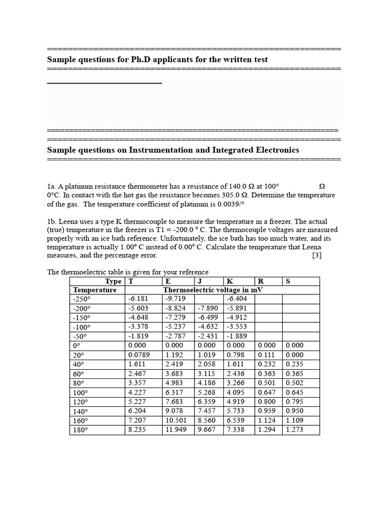Ph.D. Written Test Sample Questions | PDF | Rectifier | Thermocouple