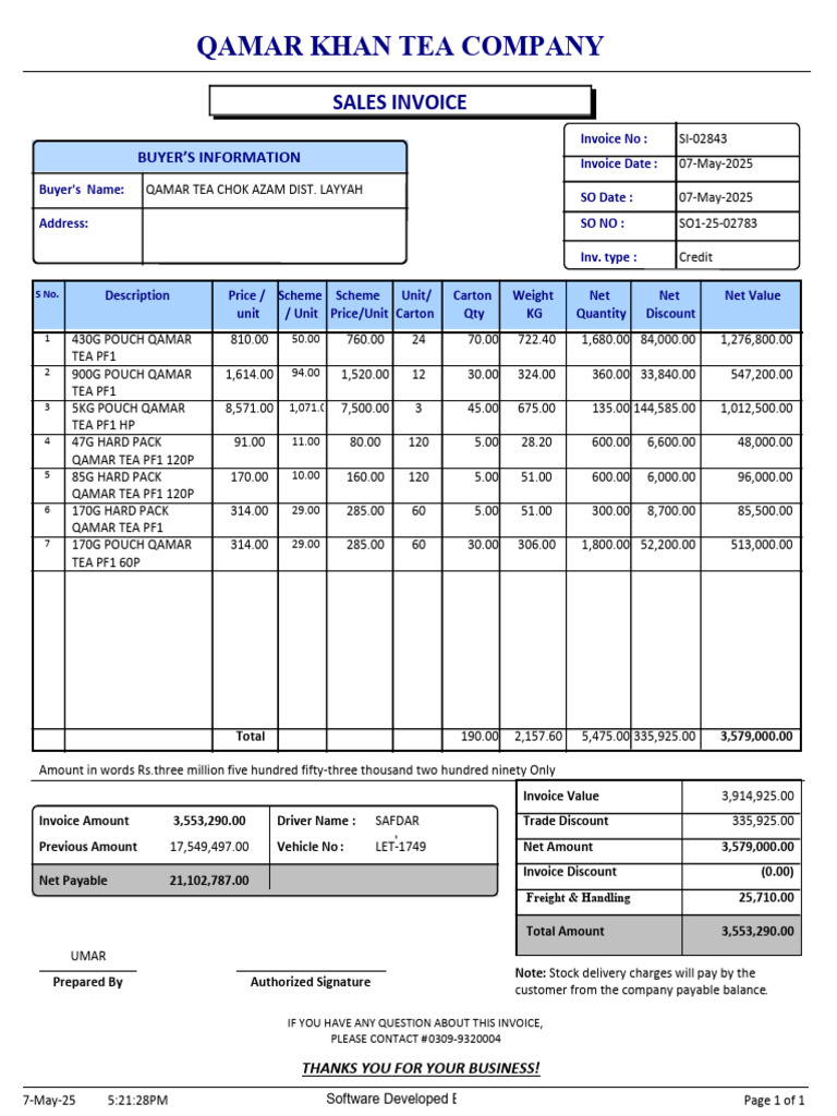 Qamar Tea Chok Azam Dist. Layyah-43 | PDF | Invoice | Market (Economics)