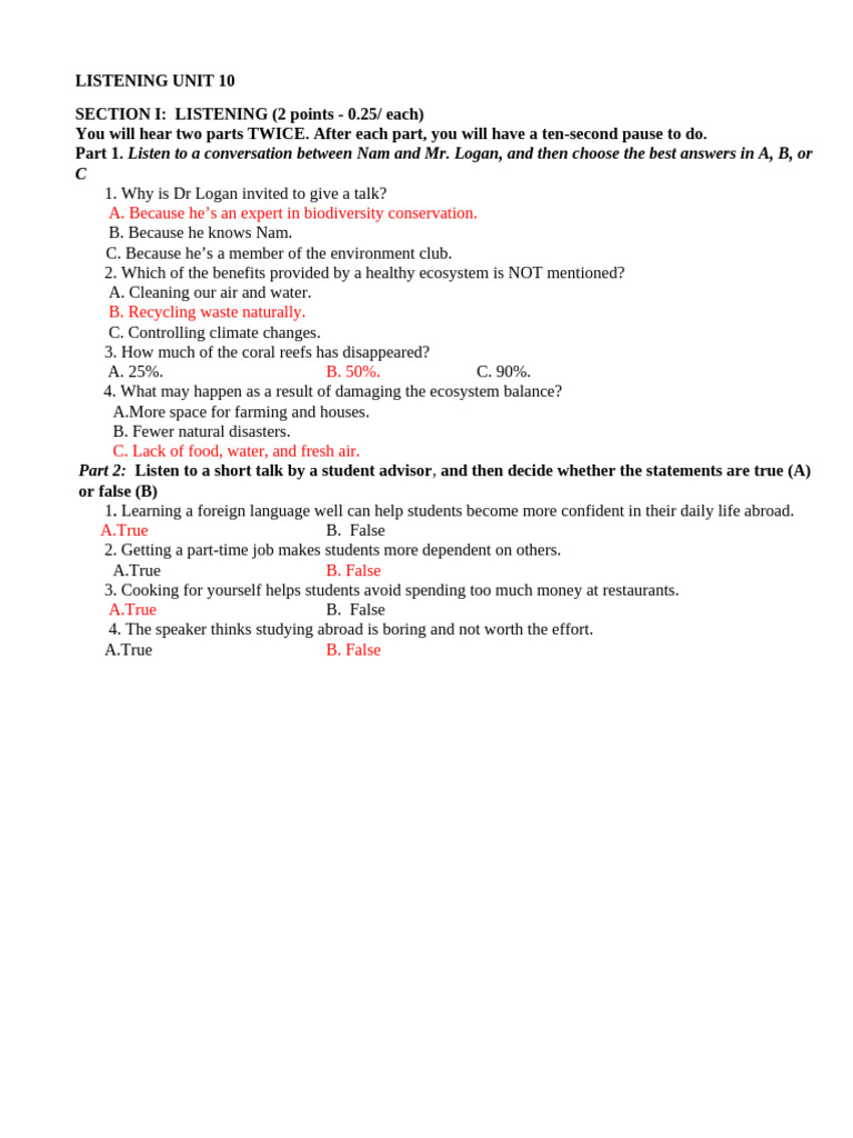 Listening Activities for Unit 10 Lớp 11 | PDF
