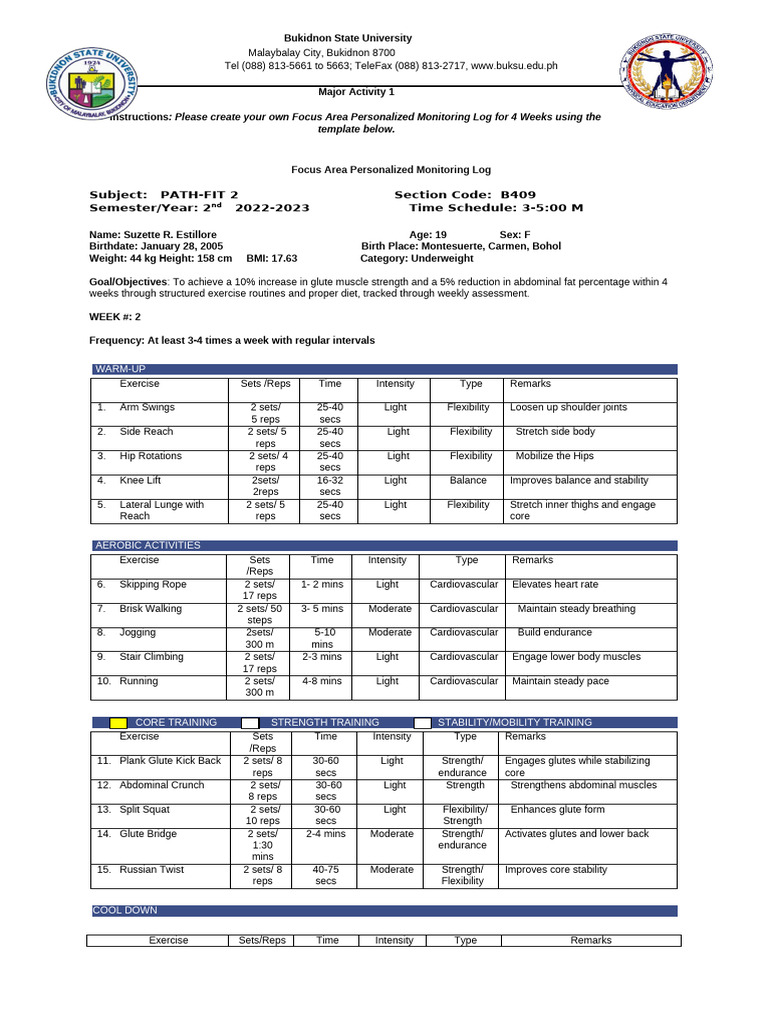 4-Week Fitness Monitoring Log Template | PDF | Physical Fitness ...