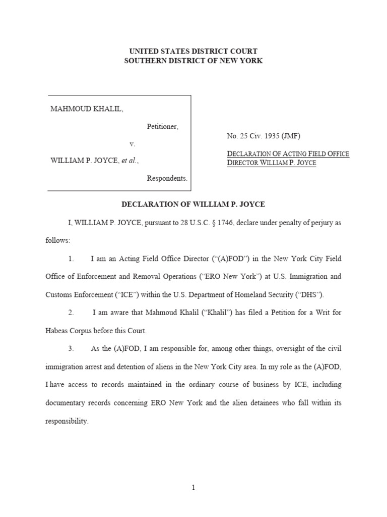 Khalil v. Joyce: ICE Detention Declaration | PDF | U.S. Immigration And ...