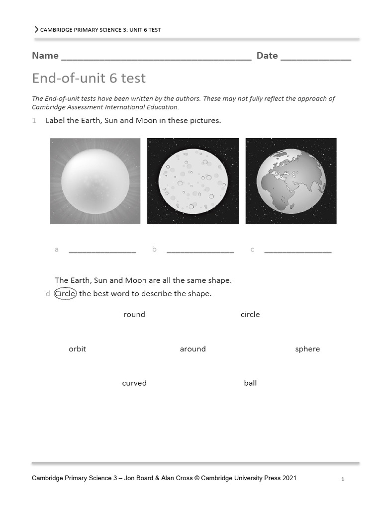 P Science 3 End-Of-unit 6 Grade 2 | PDF | Moon | Bodies Of The Solar System