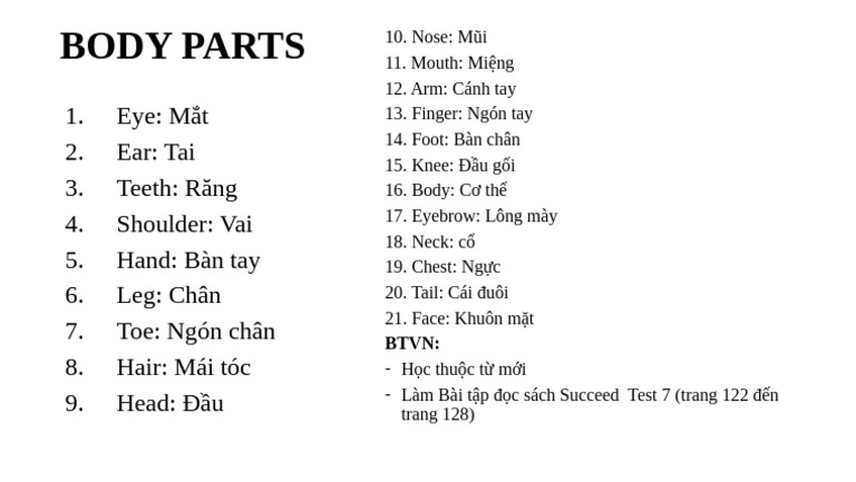 Topic Body Parts 2 | PDF