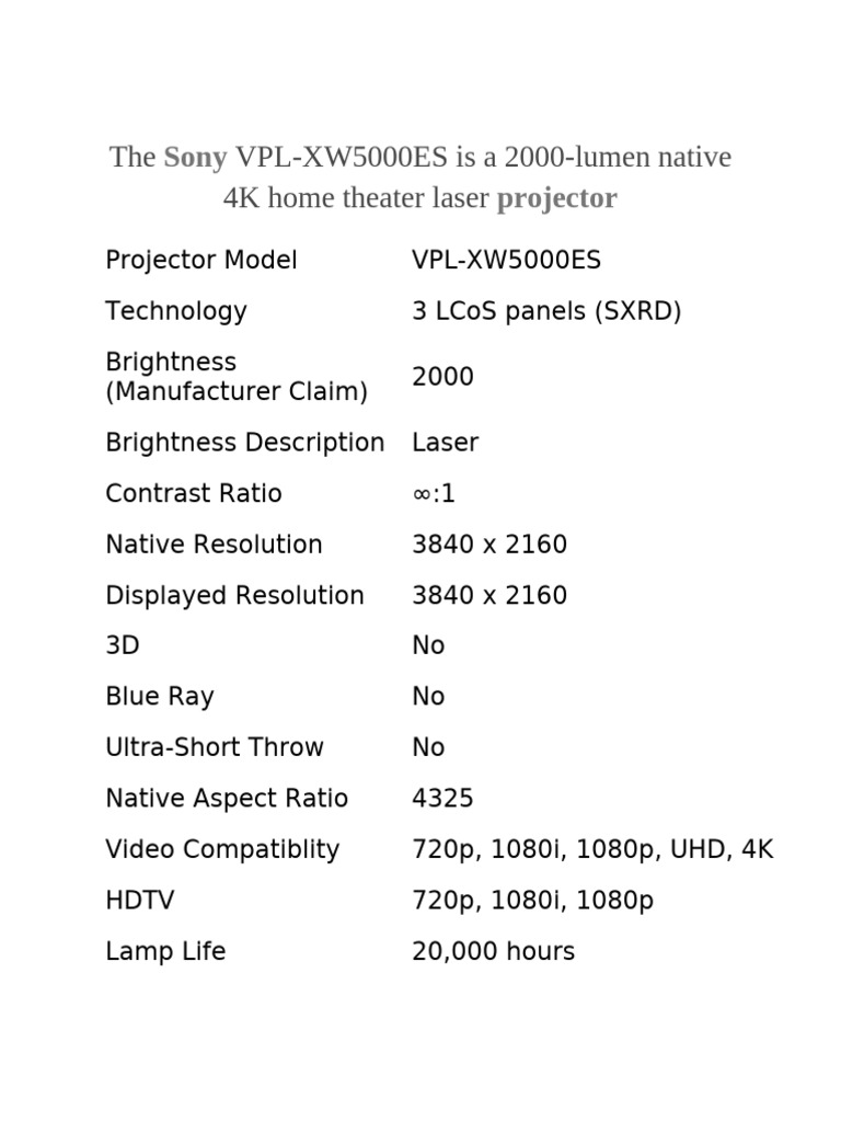 Sony VPL-XW5000ES Projector Specs | PDF