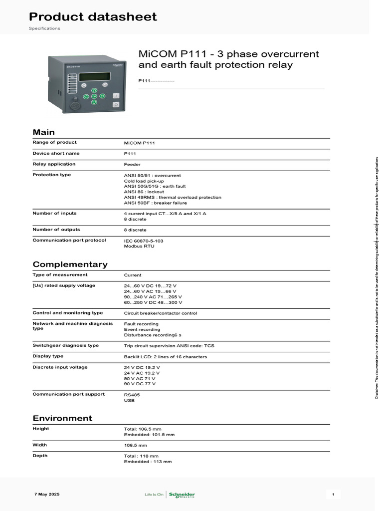 Schneider Electric - MiCOM-P11x - P111 | PDF | Power Supply | Electric ...