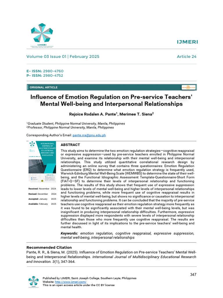 Influence of Emotion Regulation On Pre-Mental Well-Being and ...