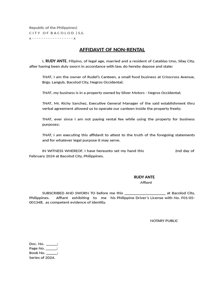 Affidavit of Non-Rental in Bacolod City | PDF