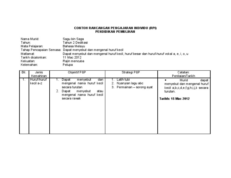 Contoh Rancangan Pengajaran Individu