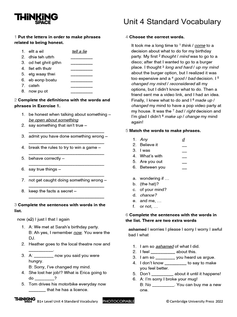 B1+ Unit 4 Vocabulary on Honesty | PDF