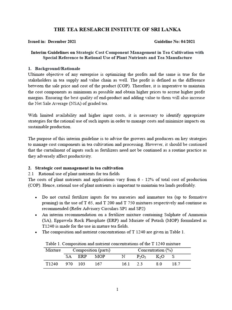 T750 Fertilizer Guidelines for Tea Cultivation | PDF | Agriculture