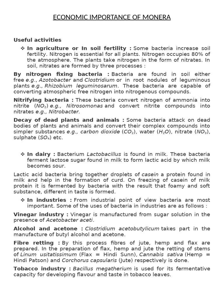 Economic Importance of Monera | PDF | Bacteria | Nitrate