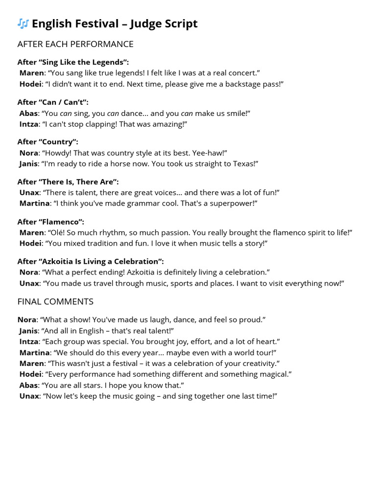 ? English Festival - Judge Script | PDF