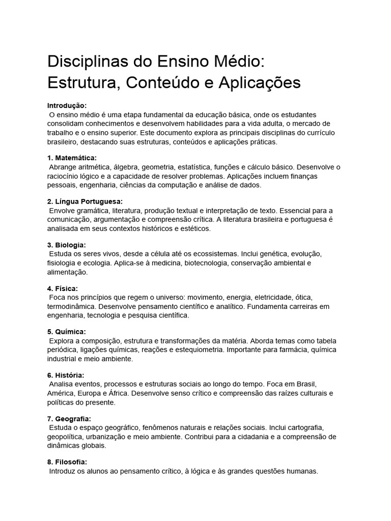 Disciplinas do Ensino Médio: Estruturas e Aplicações | PDF | Science ...