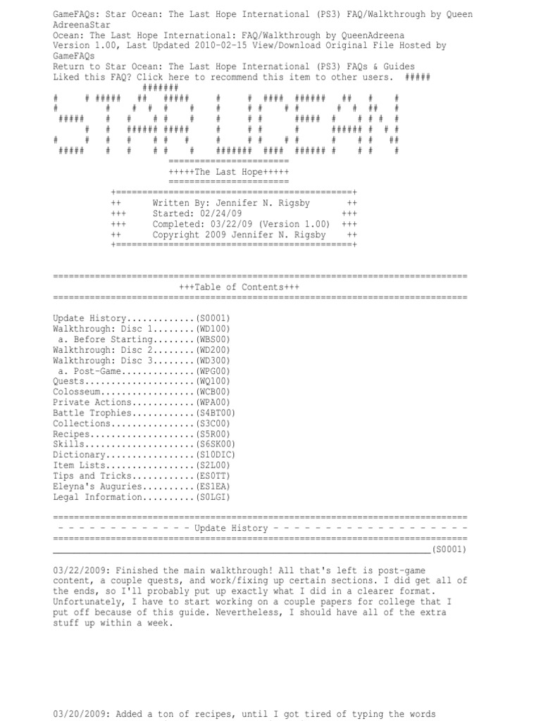 Gamefaqs Star Ocean The Last Hope International Ps3 Faq Walkthrough By A Strategy Guide Leisure