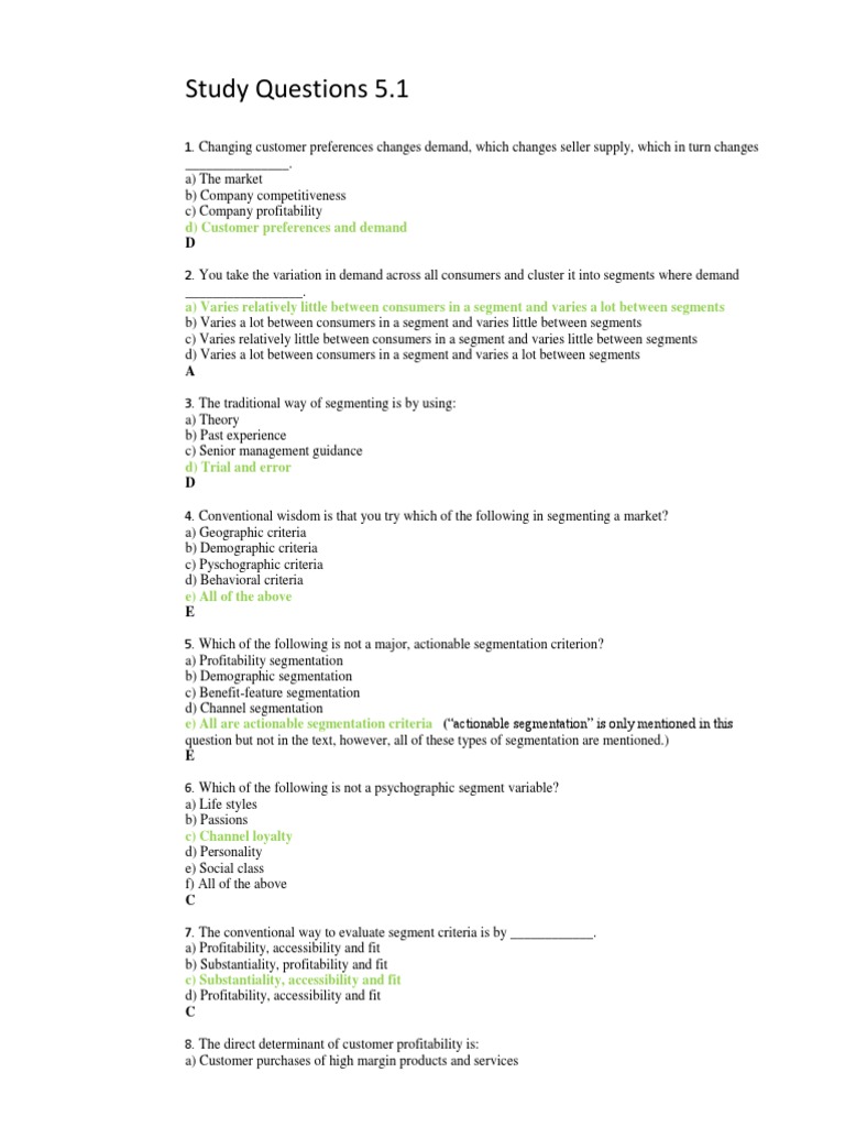 Marketing Exam Question Answers Market Segmentation Sales