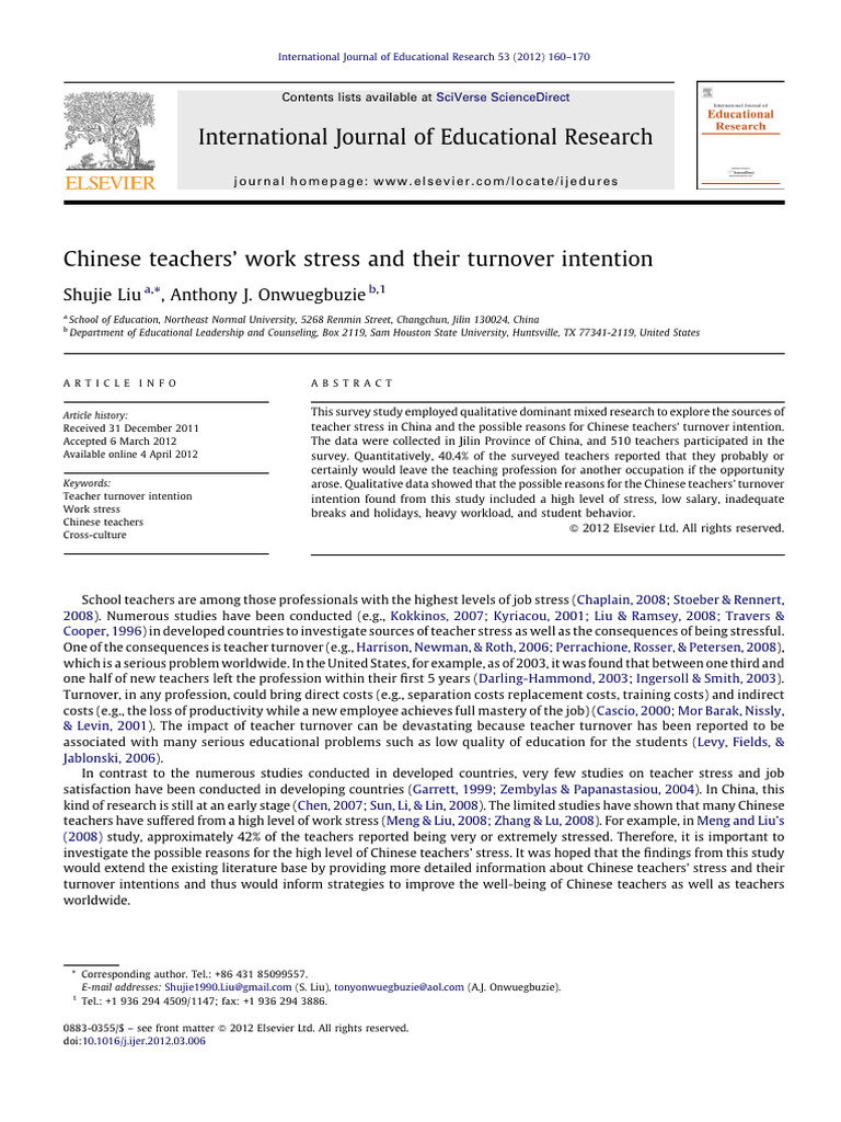 Chinese Teachers' Stress and Turnover Intentions | PDF | Standard ...
