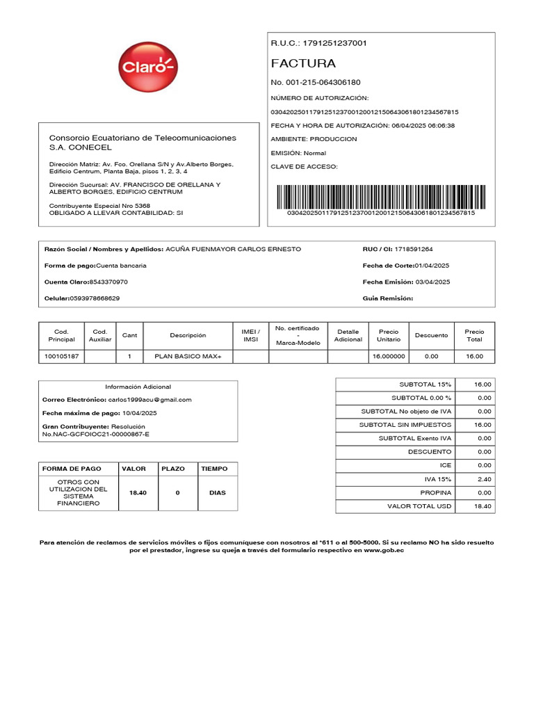 Factura de Servicio Telecomunicaciones CONECEL | PDF | Economias