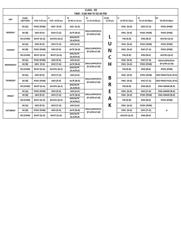 Class Routine of Xii Arts and Commerce | PDF