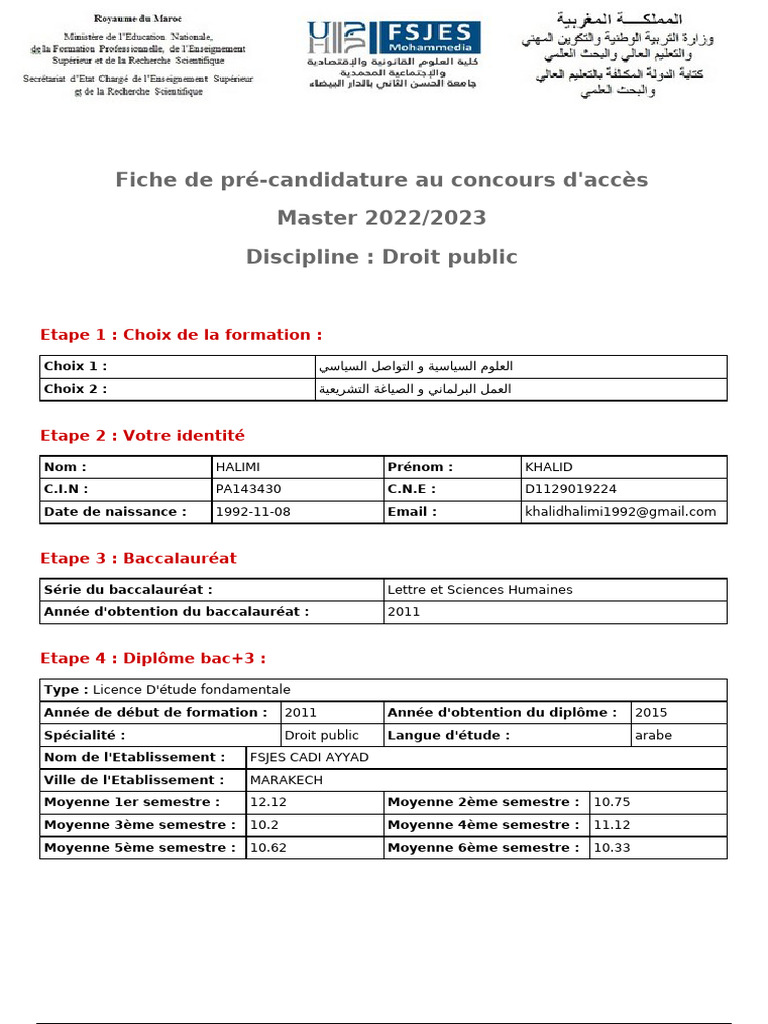 Pré-candidature Master Droit Public 2023 | PDF