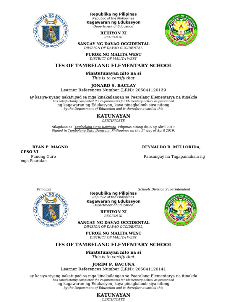 New Sample Template Cert. for Elementary | PDF | Government ...