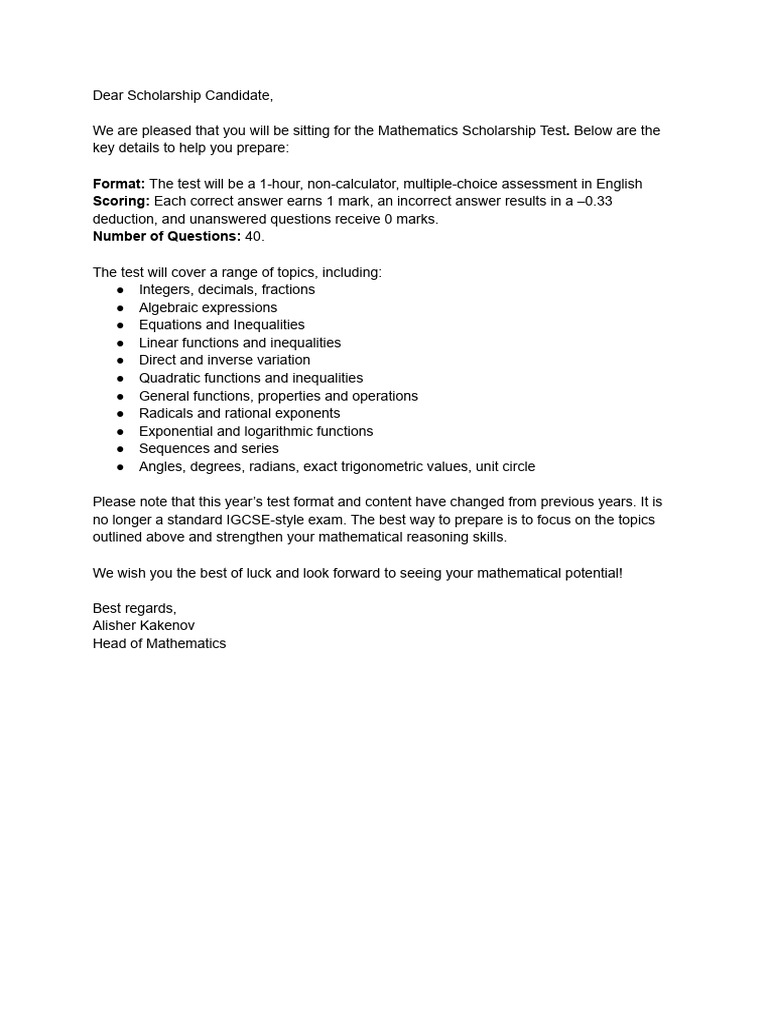 Mathematics Scholarship Test Details | PDF