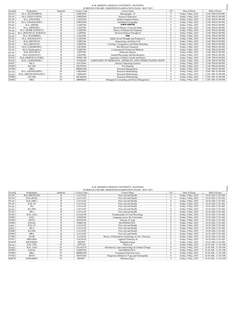 M.K. University Exam Schedule May 2025 | PDF | Master's Degree | Master ...