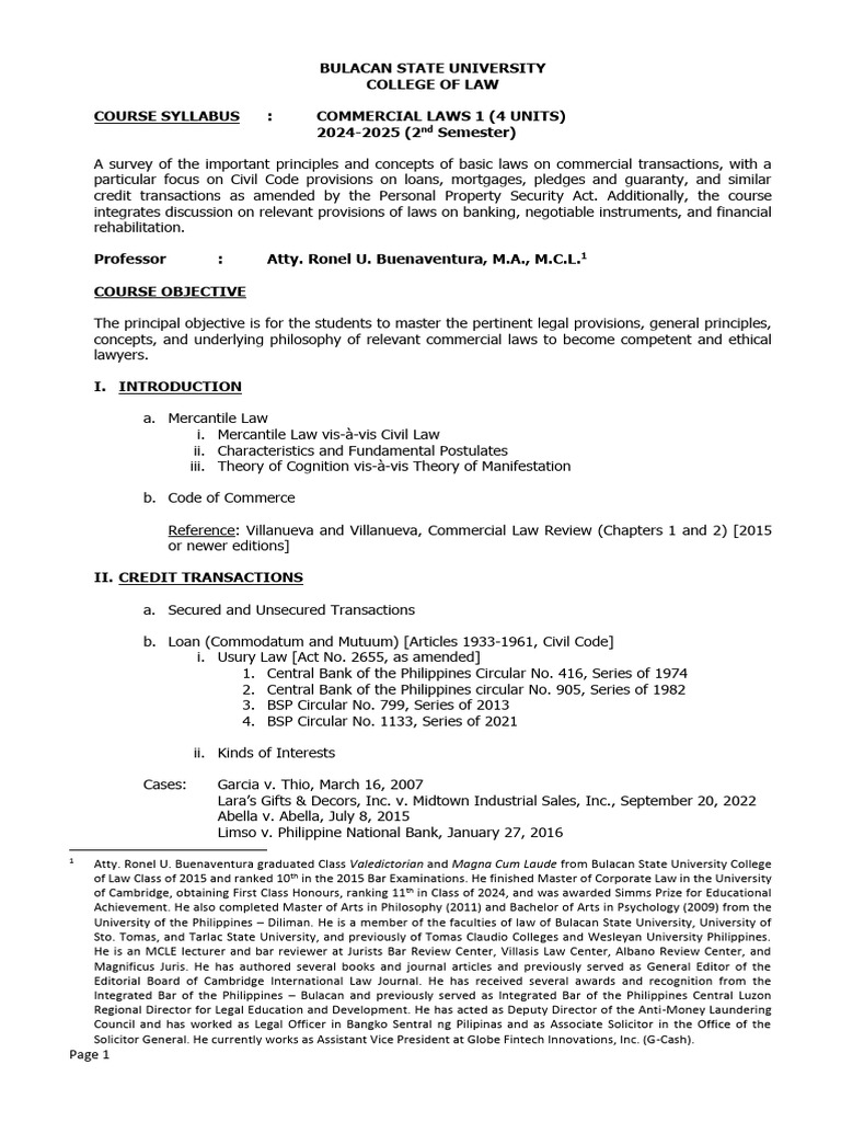 Bulacan Law School Commercial Laws Syllabus | PDF | Banks | Private Sector
