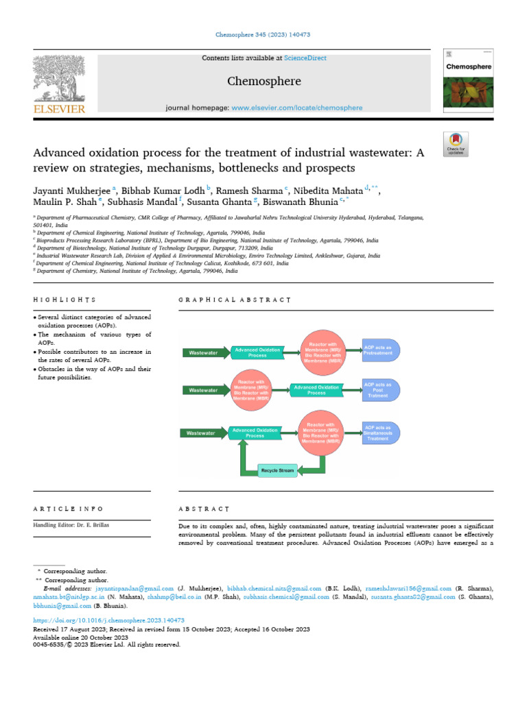 Advanced Oxidation Process For The Treatment of Industrial Wastewater ...