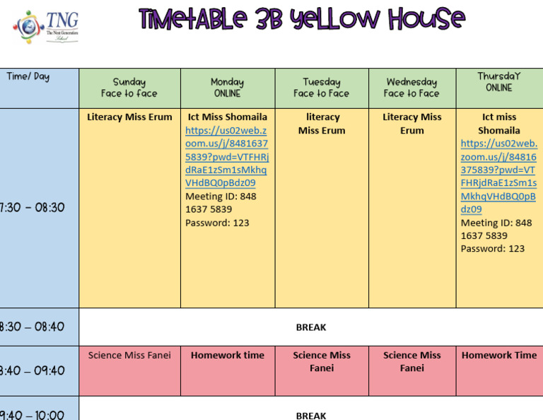 Timetable Yellow House 3B | PDF