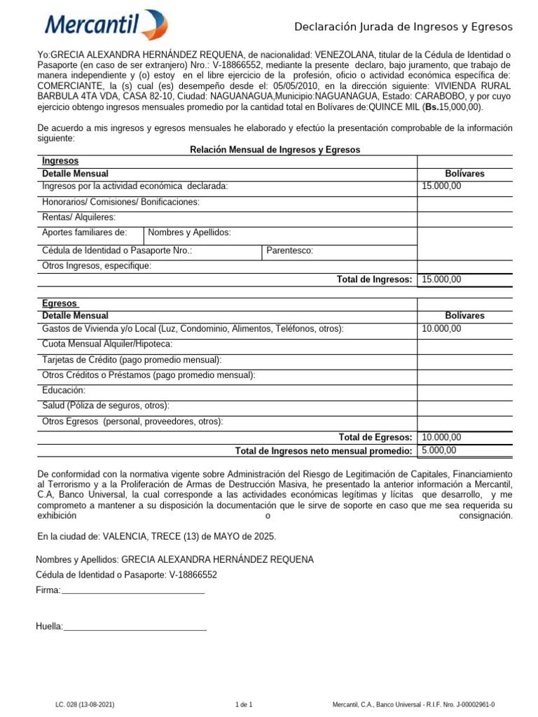 Declaración Jurada de Ingresos y Egresos | PDF