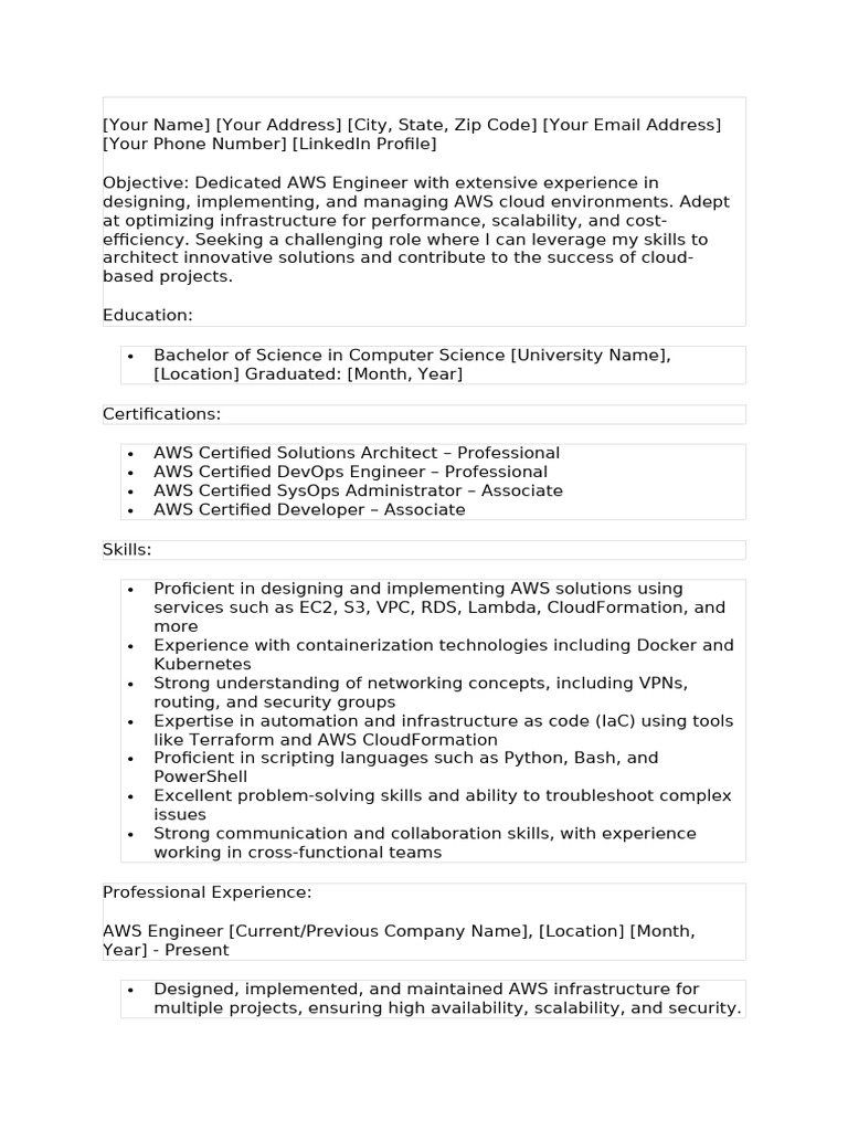AWS Engineer Resume Template | PDF | Amazon Web Services | Cloud Computing