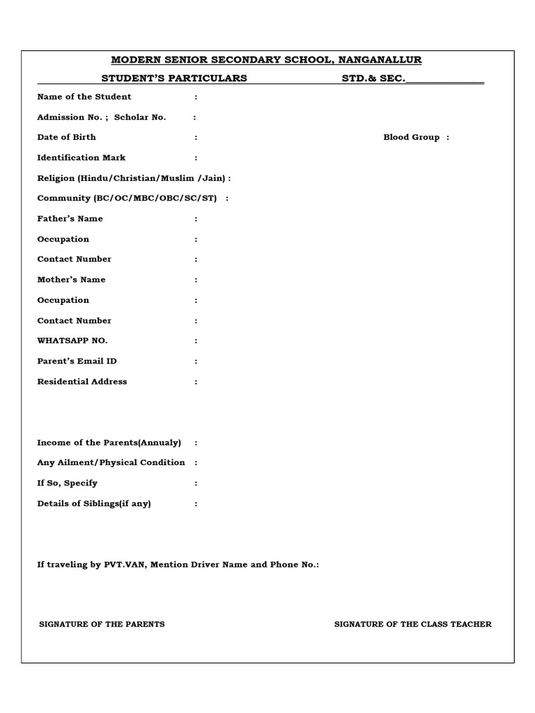 Student Particulars Form Template | PDF