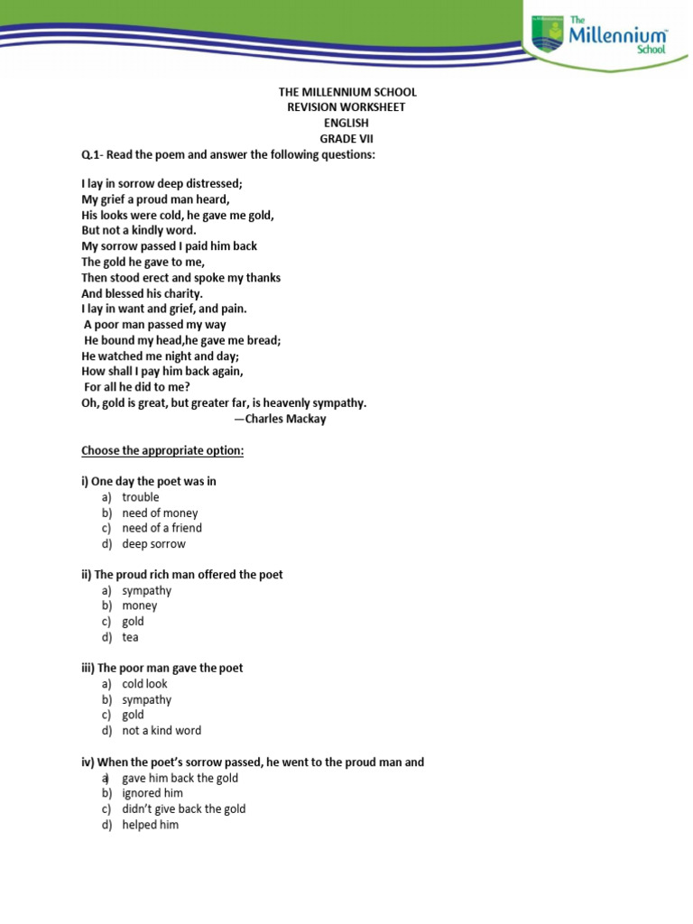 Grade VII English Revision Worksheet | PDF