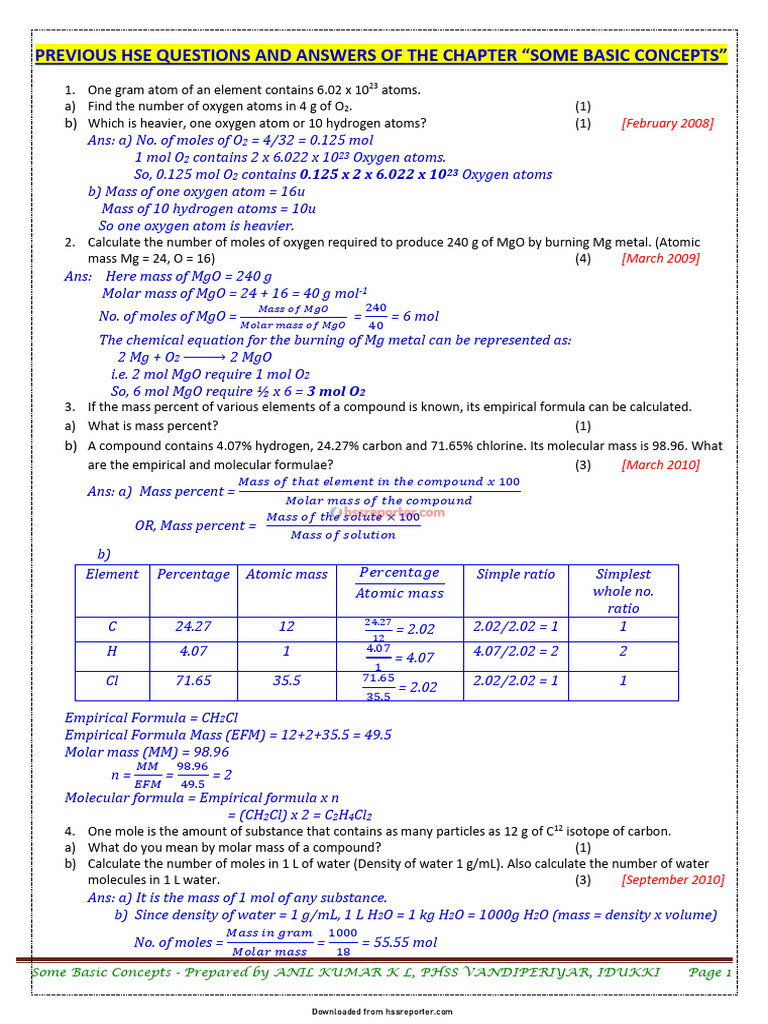 HSE Questions on Basic Chemistry Concepts | PDF | Mole (Unit) | Molecules