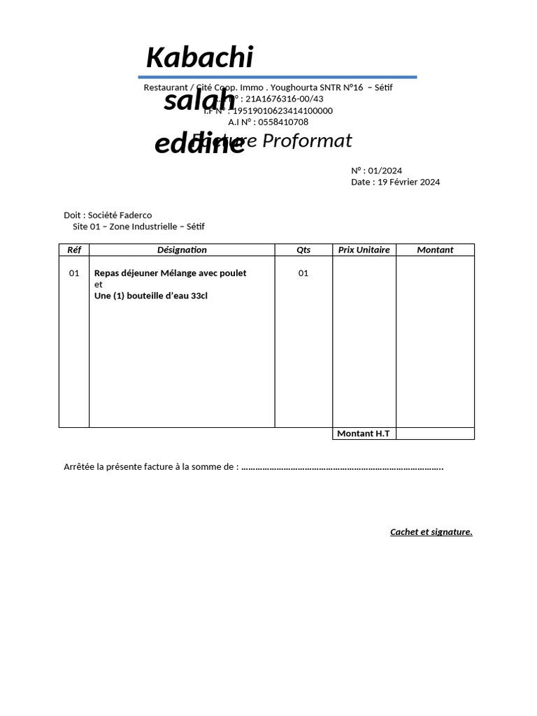 Facture Proformat Restaurant Sétif | PDF
