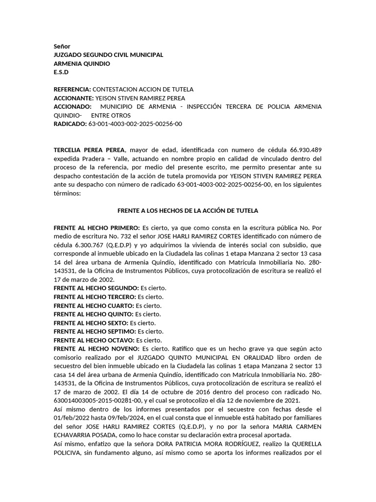 Contestación Acción de Tutela Armenia | PDF