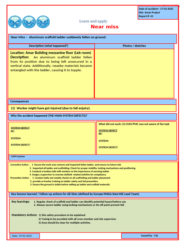 Near Miss Report: Unsecured Ladder Incident | PDF | Occupational Safety ...
