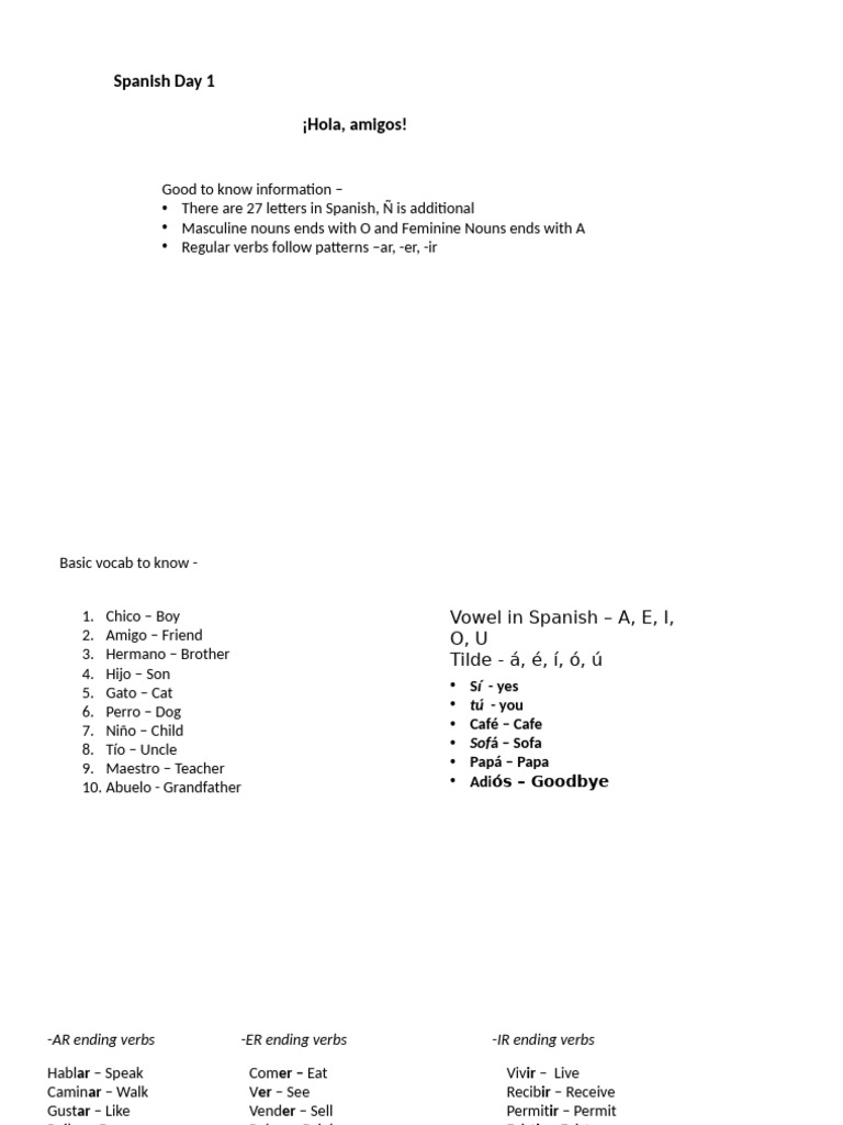 Spanish Day 1 | PDF