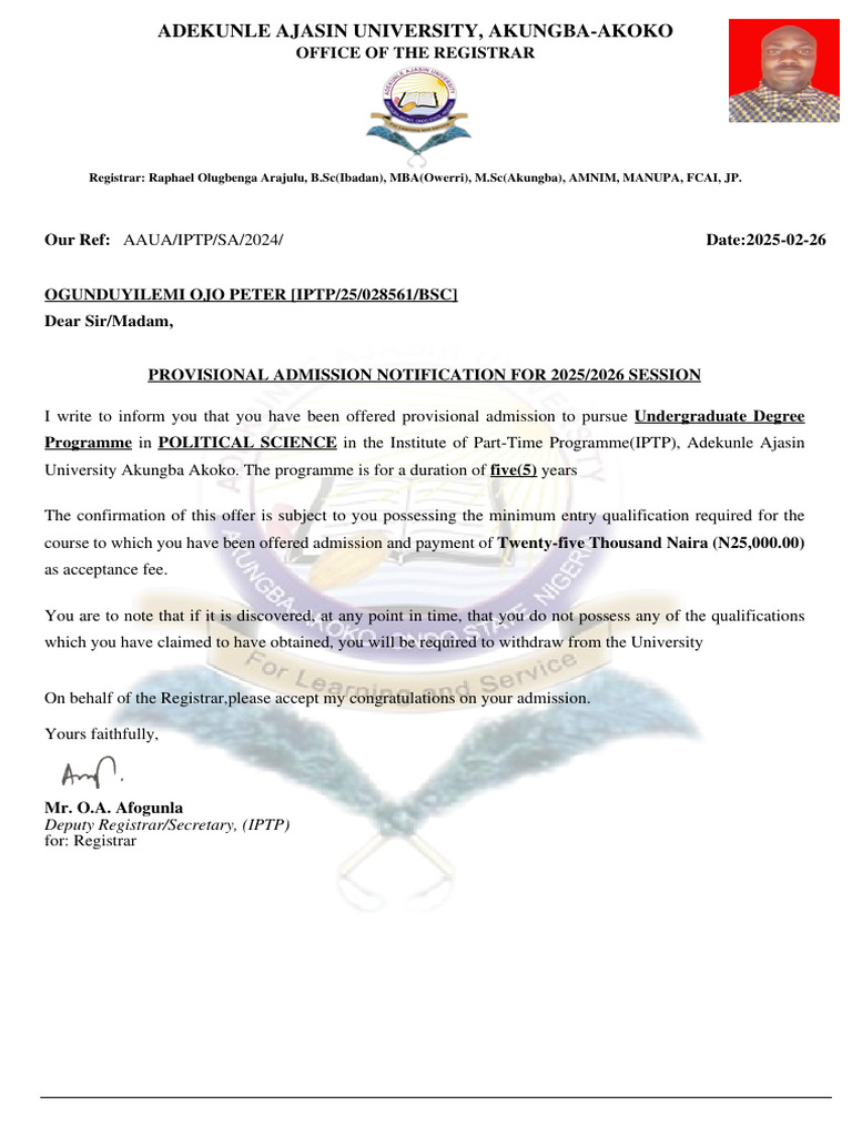 Provisional Admission Notification 2025/2026 | PDF
