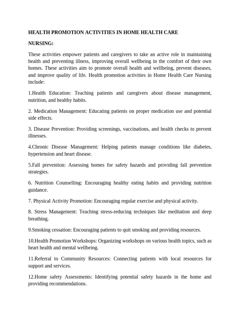 Home Health Care Nursing Activities | PDF | Hypertension | Health Care