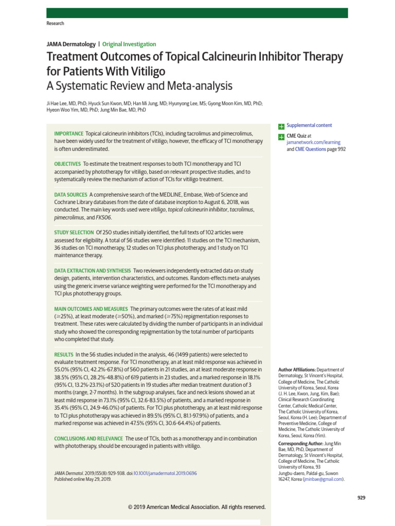 Efficacy of Topical Calcineurin Inhibitors for Vitiligo | PDF | Meta ...