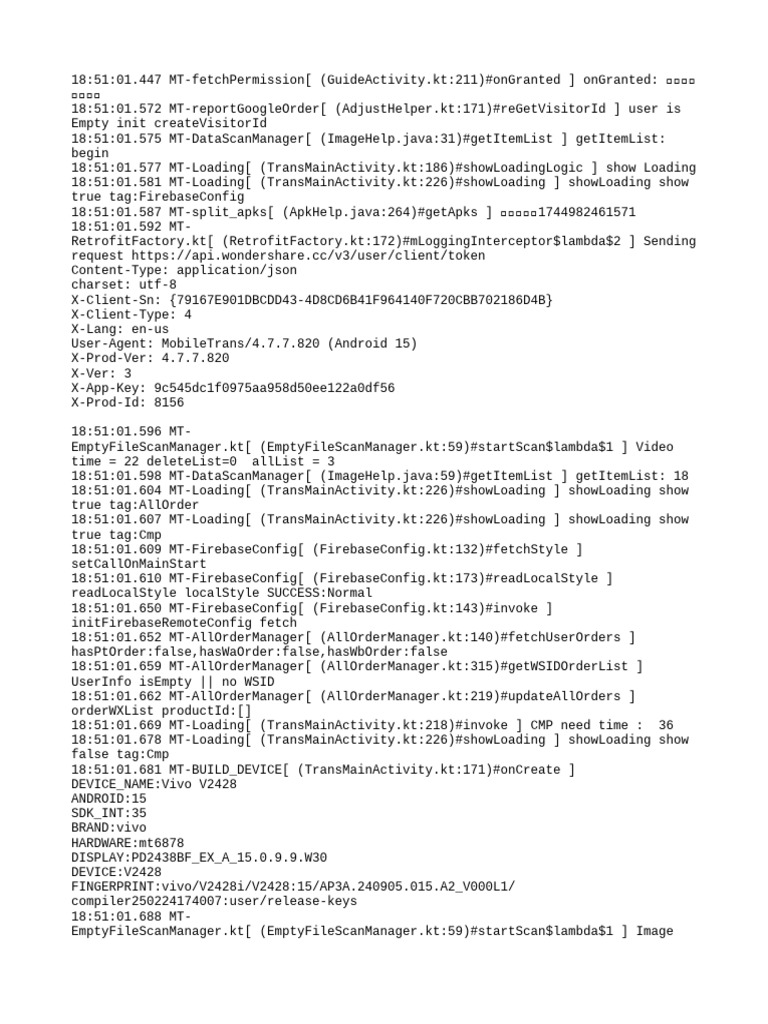 MobileTrans API Request Log | PDF | Java (Programming Language ...