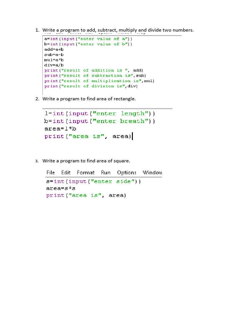 Basic Arithmetic and Geometry Programs | PDF