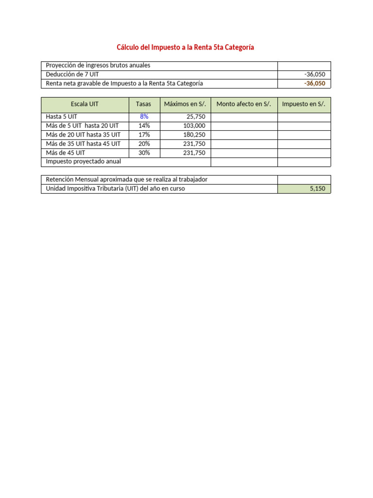 Cálculo Impuesto Renta 5ta Categoría | PDF | Impuesto sobre la renta ...