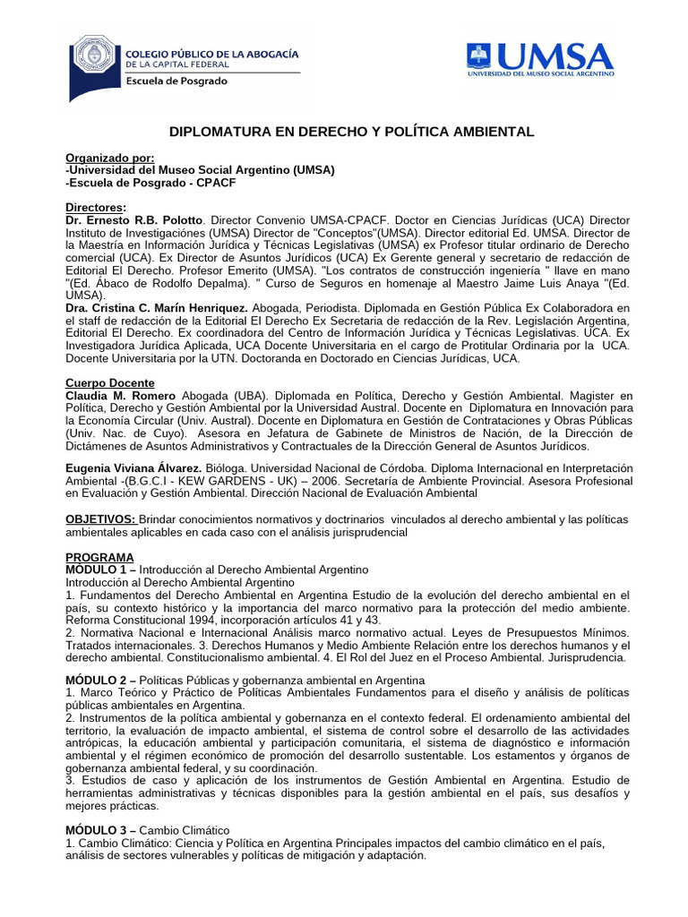 Umsa - Diplomatura Derecho y Política Ambiental - 2025 | PDF ...
